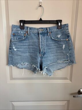 AGOLDE Light Blue Distressed High-Rise Denim Shorts